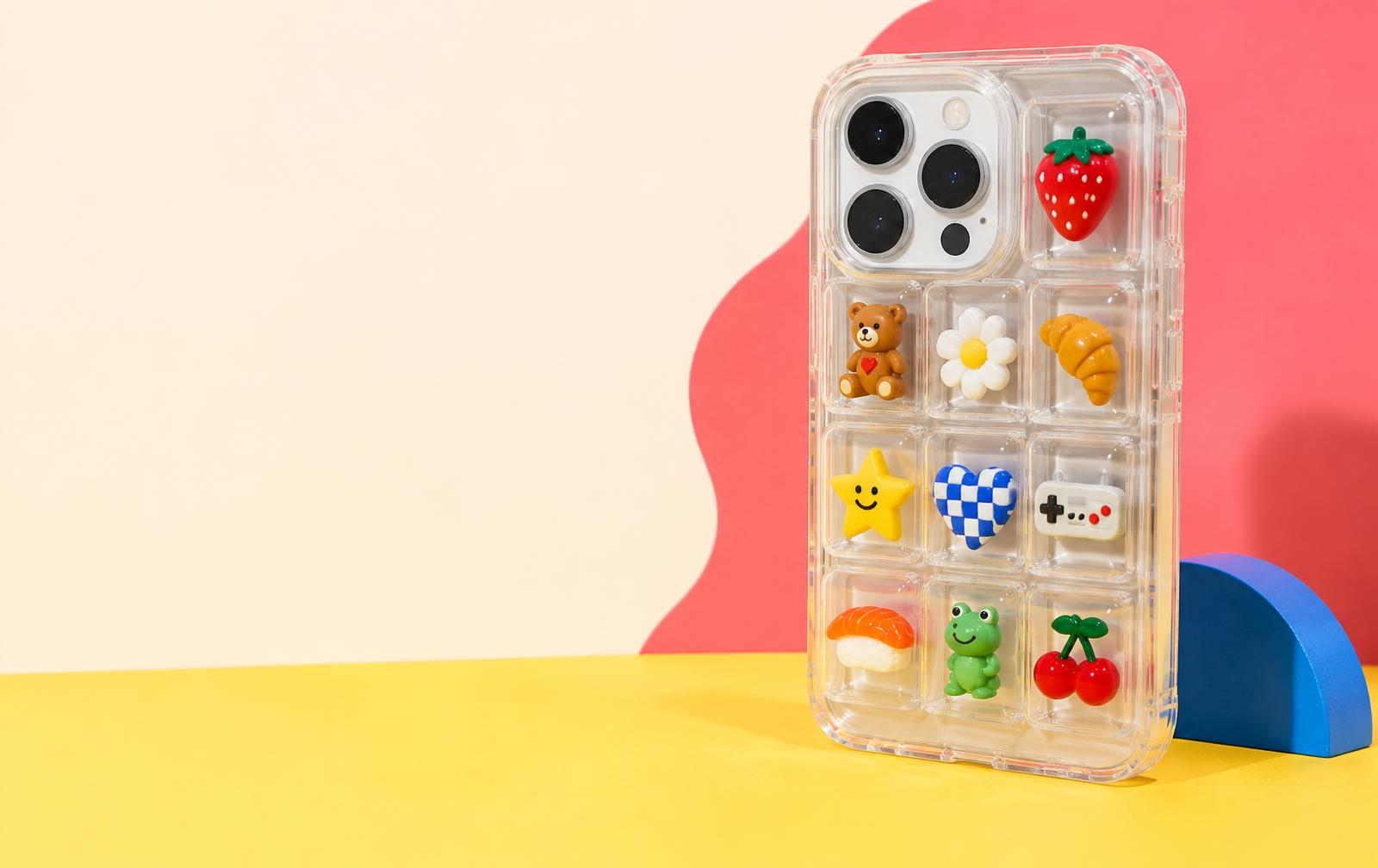 Coque transparente à alvéoles garnie de figurines colorées